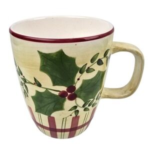 Laurie Gates Christmas Holiday Holly Plaid Mug by Los Angeles Pottery